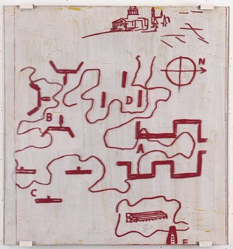 Work: Plan with House on Top, 2011 oil on panel, silkscreen ink on plastic 18 x 19 inches BROD229