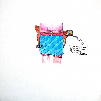 Eric Lebofsky -&nbsp;Le Grand Science. Le Revolution. Le Monarchy. Le Third Estate., 2004 ink, colored pencil on paper 10 x 10 inches LEB013