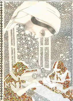 Roz Leibowitz (LA) -&nbsp;Late Summer, 2007 pencil & ink on vintage paper with drawing 15.5 x 15 inches framed / 12 x 9 inch image LEIB049