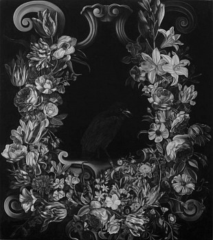 Work: Black Bird in Floral Cartouche (after Marrell and Hondecoeter), 2009 oil on canvas 62 x 55  inches REE074