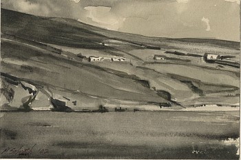 Peter Schroth (LA) - Houses, Hillside IV, 2002 watercolor on paper 11 x 14 inches matte / 4 x 6 inches image SCHR486
