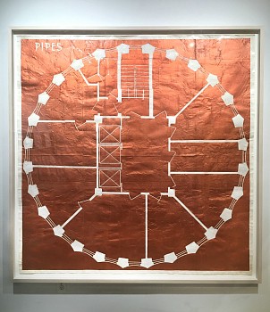 Work:&nbsp;Pipes (Copper), 2013 ink on silk mounted on paper 67 x 68 inches / 69 x 70.5 inches framed BROD270