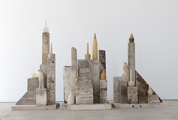Work: Jane Rosen Moss Morandi, 2015 limestone, cast glass, and blown glass elements 55 x 94 x 28 inches