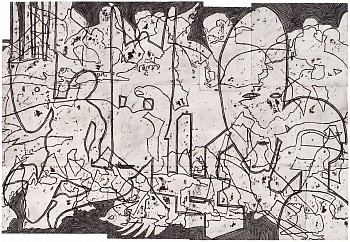 Work: Bo Joseph Mediating the Fixed and Volatile, 2019 oil pastel, acrylic and tempera on joined paper 55 5/8 x 80 inch paper / 62 x 86 inch frame JOS320