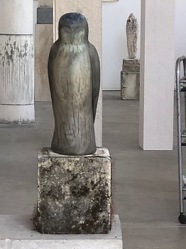 Jane Rosen (LA) - Fledgling Owl, 2020 Hand blown pigmented glass on limestone 23 x 8 x 9 inches, Figure: 15 x 5 x 7 inches, Base: 8 x 8 x 9 inches ROSEN312