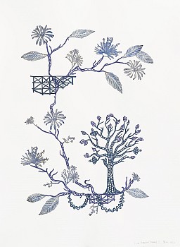 Susan Graham (LA) -&nbsp;Future Garden (Indigo), 2021 chine colle paper cut out and ukiyo-e woodblock print on cotton paper 30 x 22 inches GRA052