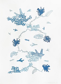 Susan Graham -&nbsp;Future Garden (Sapphire Sea), 2021 chine colle paper cut out and ukiyo-e woodblock print on cotton paper 30 x 22 inches GRA051