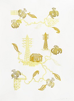 Work: Susan Graham Future Garden (Dawn), 2021 chine colle paper cut out and ukiyo-e woodblock print on cotton paper 30 x 22 inches GRA049