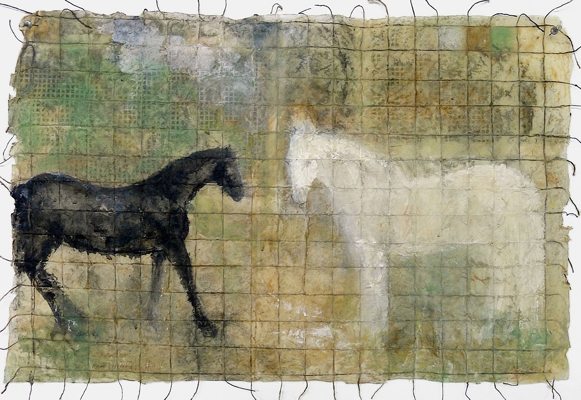 Jane Rosen
Horses on Hill, 2015
ROSEN283
casein and beeswax on Japanese paper with threads, 20 x 30 inches