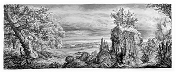 Rick Shaefer -&nbsp;Untitled, Landscape with Cave, 2022 black pencil on Canson 38 x 92 inches shaef089