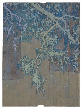 Work: folded wing, fading sun, 2023 gouache and thread on found paper 48 x 36 inches / 52 1/2 x 40 1/2 inches framed CRADD101