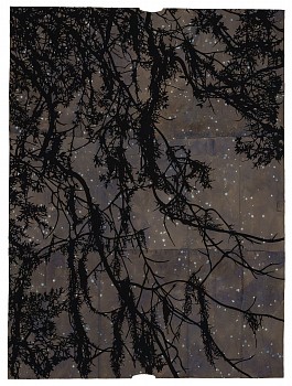 Work: Midnight's Rivers, 2023 gouache, flashe, and thread on found paper 48 x 35 1/2 inches / 52 1/2 x 40 1/2 inches framed CRADD105