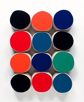 Work: Andrew Zimmerman Black, Orange, Blue, Red, Green, 2023 Automotive paint on wood 20 x 15 x 2 1/4 inches ZIM1061