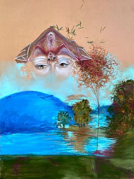 Andrea Hornick (LA) -&nbsp;Study from Short Nosed Fruit Bat Hangs with Genevra de Benci on Spike-Protein-Like Juniper Tree Screaming Don't Shoot the Messenger, 2023 chalk pastel and graphite on paper 18 x 24 inches HORN020