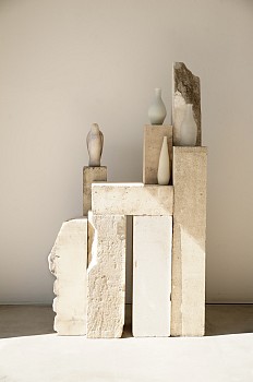 Jane Rosen (LA) - 4 Morandi, 2013 hand blown pigmented glass & limestone 58 x 31 x 16  inches ROSEN257