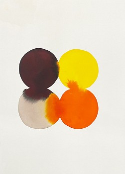 Lourdes Sanchez - 4 touching circles (opaque yellow, orange brown, and tan), 2023 ink, watercolor and pencil on paper 29 x 21 inches / 32 1/2 x 24 1/4 inches framed SANCH1015