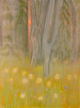 Kathryn Lynch (LA) -&nbsp;Sun between trees in field of wild flowers, 2023 oil on linen 58 x 43 inches LYN948