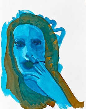Suzy Spence -&nbsp;Blue Woman (smoking), 2023 acrylic ink on paper 16 x 20 inches SPENC343
