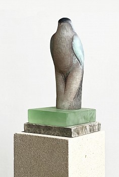 Work: Thin Man on Green Glass, 2023 hand blown pigmented glass, cast glass, limestone, linen limestone 63 x 8 x 10 inches / figure: 12 x 5 x 4 inches, base: 51 x 8 x 10 inches ROSEN322