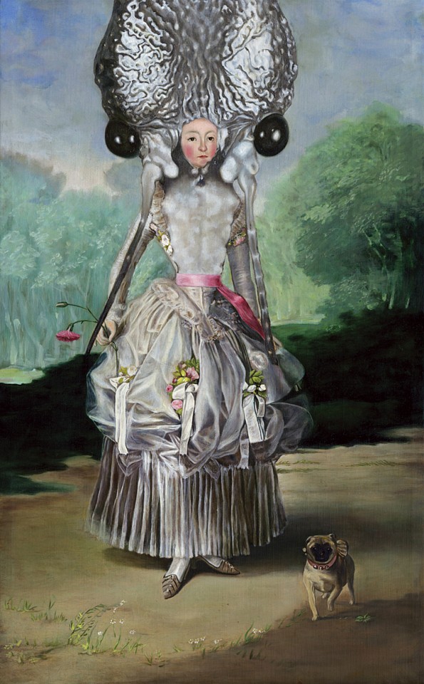 Andrea Hornick
Stroll in Garden with Small Dog and Large Ear Muffs That Double as an Estate Melodizer, 2009
HORN033
oil on canvas, 18 x 11 inches