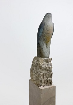 Jane Rosen - Sahara Tall Girl, 2024 hand blown pigmented glass on Travertine and marble 77 x 12 x 23 inches / Bird: 16 x 4 x 6 inches, Stone: 10 x 6 x 8 inches, Base 1: 44 x 6 x 9 inches, Base 2: 5 x 8 x 14 inches, Base 3: 2 x 12 x 23 inches ROSEN331
