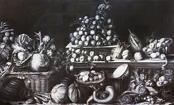 Shelley Reed -&nbsp;Fruit (after Snyders, Utrecht, Bimbi, de Gheyn, Cotan, Steenwyck, Desportes, Aertsen, and Mignon), 2022 oil on canvas 78 x 129 inches ree338