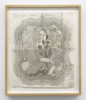 Roz Leibowitz -&nbsp;Women with Poppies and Clouds, 2003 graphite on vintage paper 14 x 13 inches / 17 1/2 x 15 inches framed LEIB021