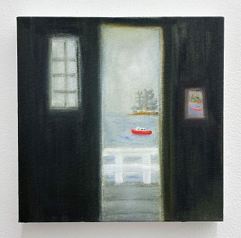 Work:&nbsp;Red Boat Scene From Studio Inside Boat House, 2025 oil on canvas 12 x 12 inches LYN982
