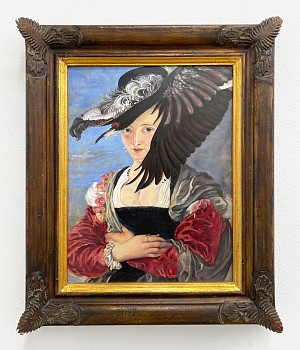 Andrea Hornick -&nbsp;Fashionable Goose Accompanies Flighty Mistress For LateAfternoon Stroll, 2009 oil on panel 14 1/2 x 11 inches / 20 x 16 1/2 inches framed HORN036