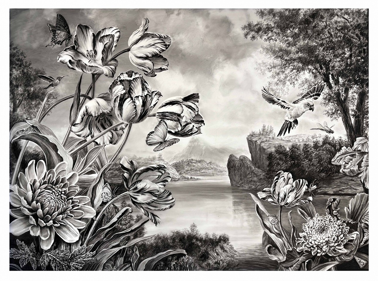 Rick Shaefer
Tulips, Parrot, and Dragonfly, 2026
shaef133
charcoal on vellum, 42 x 57 inches